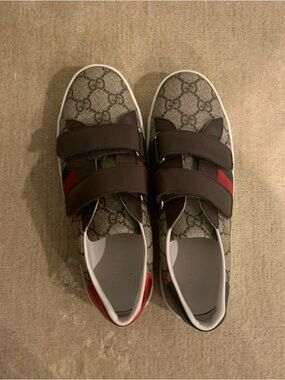 Gucci Brown GG Canvas Kids Sneakers with Red & Green Web